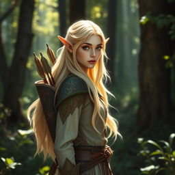 A striking elf with long, flowing blond hair and piercing green eyes