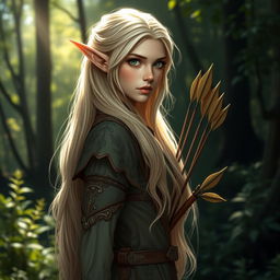 A striking elf with long, flowing blond hair and piercing green eyes