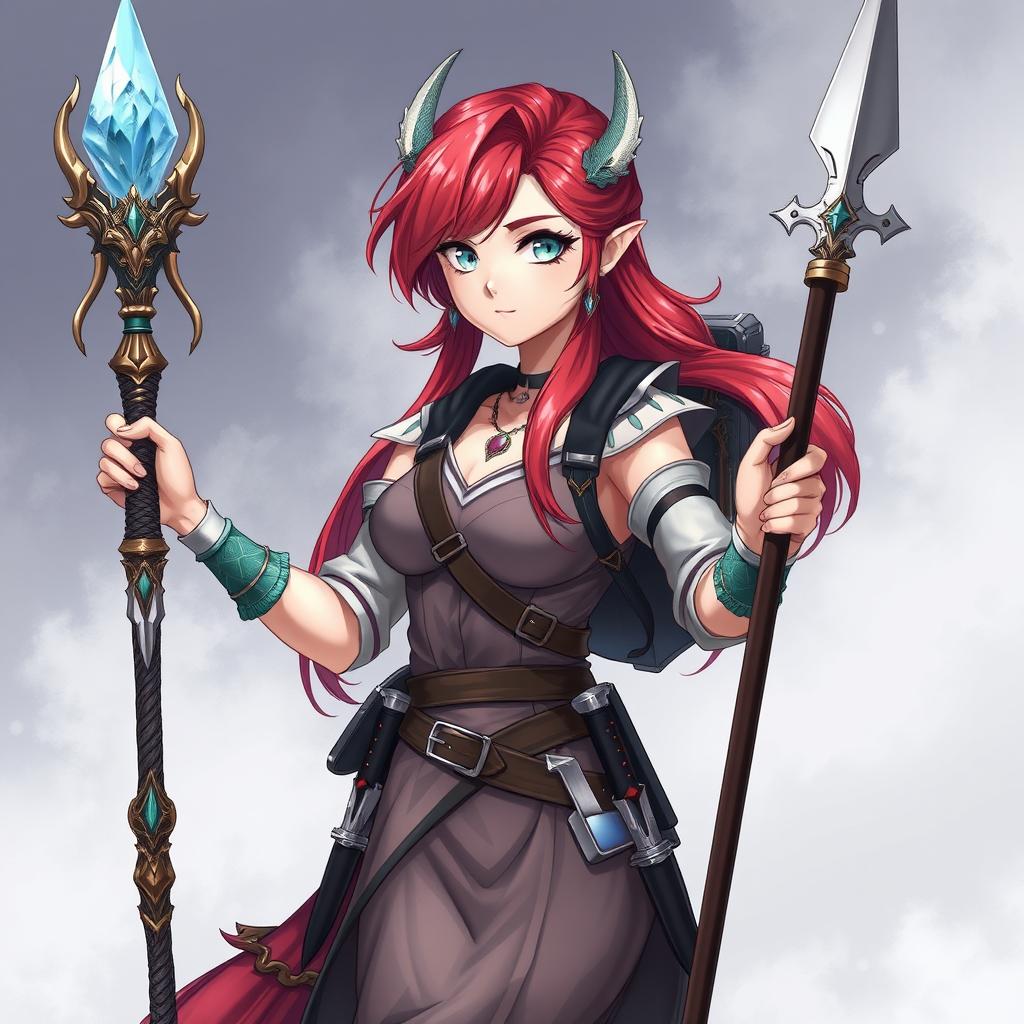 An elegant anime-style mermaid draconic sorcerer in her human form, featuring vibrant red hair and striking silver eyes