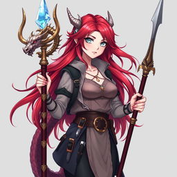 An elegant anime-style mermaid draconic sorcerer in her human form, featuring vibrant red hair and striking silver eyes