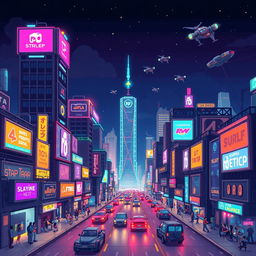 A vibrant pixel art cityscape at night, filled with neon lights and glowing signs