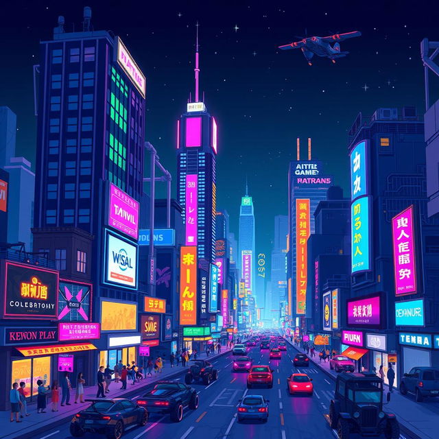 A vibrant pixel art cityscape at night, filled with neon lights and glowing signs