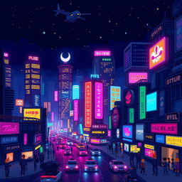 A vibrant pixel art cityscape at night, filled with neon lights and glowing signs