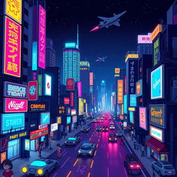 A vibrant pixel art cityscape at night, filled with neon lights and glowing signs