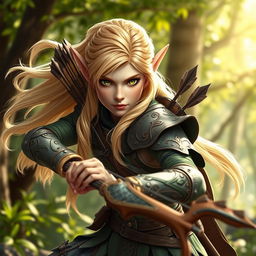 A fierce elf warrior with long, flowing blond hair and striking green eyes, poised in a dynamic stance ready for action