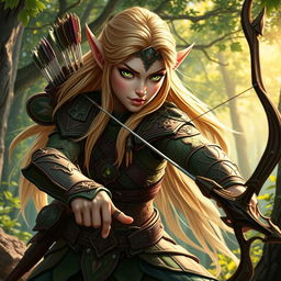 A fierce elf warrior with long, flowing blond hair and striking green eyes, poised in a dynamic stance ready for action