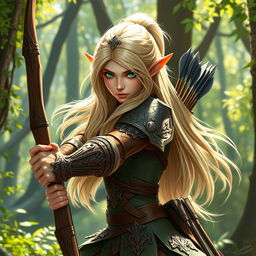 A fierce elf warrior with long, flowing blond hair and striking green eyes, poised in a dynamic stance ready for action