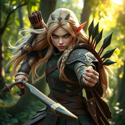 A fierce elf warrior with long, flowing blond hair and striking green eyes, poised in a dynamic stance ready for action