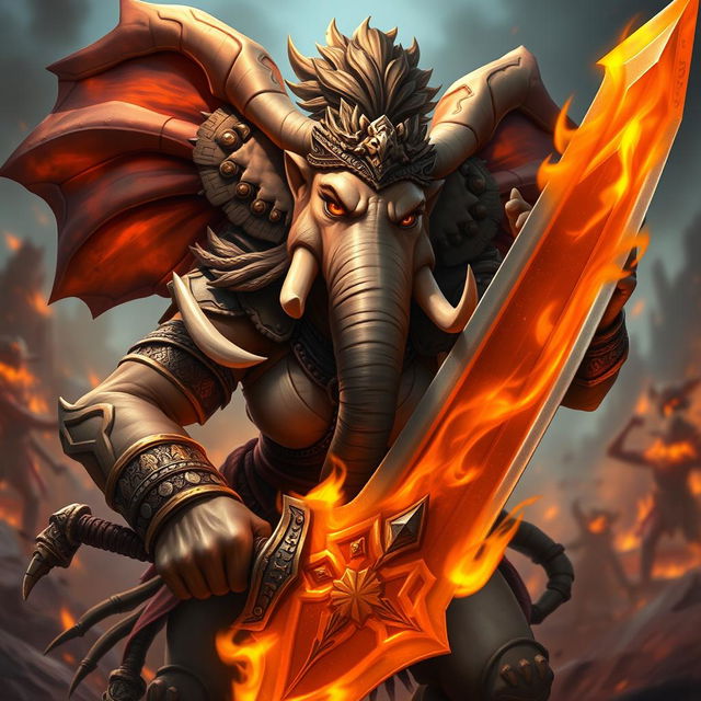 A powerful female Loxodon character, with a majestic elephant trunk and tusks, holding a large flaming greatsword firmly below the hilt