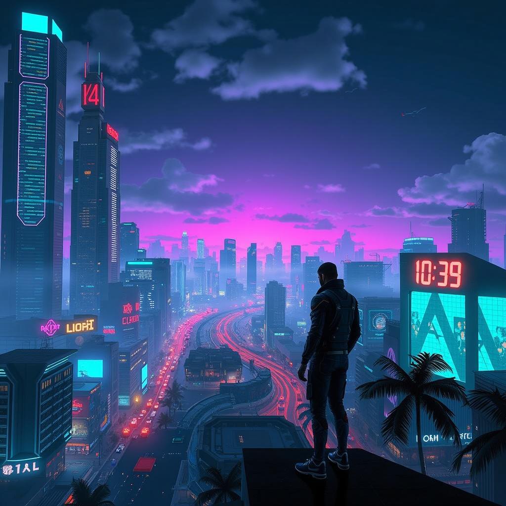 A vibrant neon cityscape at dusk, showcasing towering skyscrapers adorned with bright digital billboards and signs, reflecting a futuristic, cyberpunk atmosphere