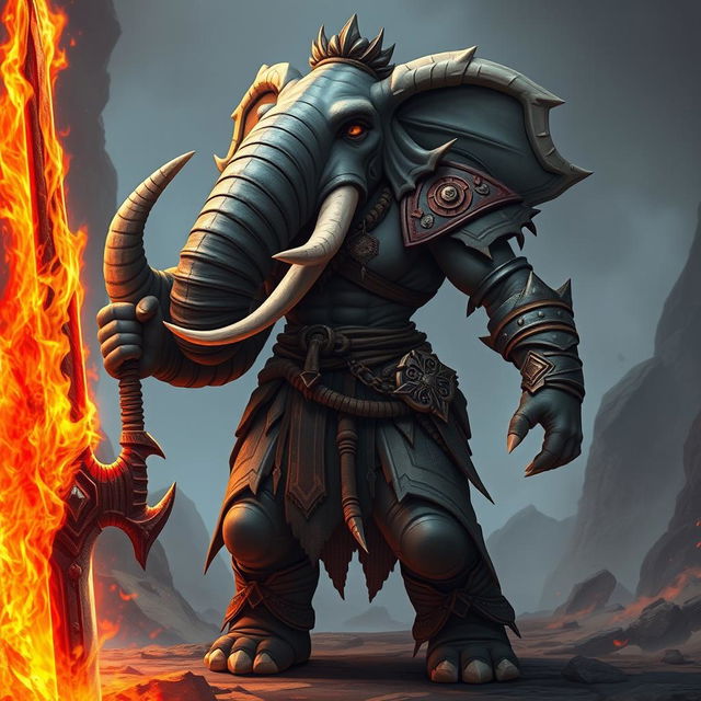 A strong and regal female Loxodon, with distinct elephant traits including a long trunk and impressive tusks, gripping a magnificent flaming greatsword