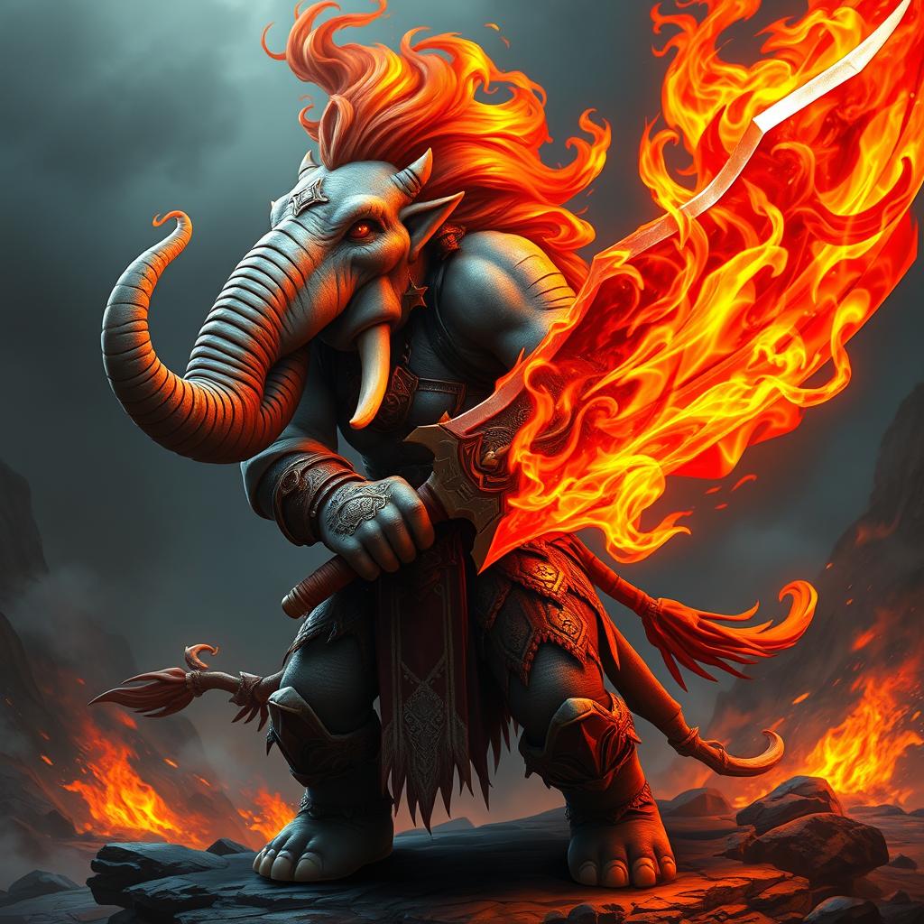 A striking and powerful female Loxodon, characterized by her elephant-like features, including a long trunk and large tusks, stands boldly while wielding a magnificent flaming greatsword