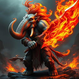 A striking and powerful female Loxodon, characterized by her elephant-like features, including a long trunk and large tusks, stands boldly while wielding a magnificent flaming greatsword