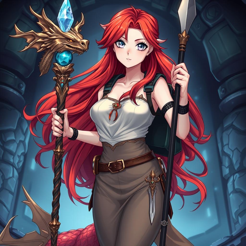 A stunning anime-style illustration of a mermaid draconic sorcerer in her human form