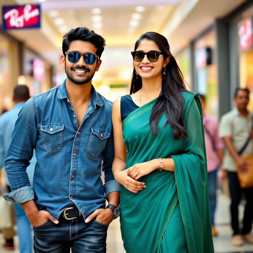 An Indian couple in a bustling Chennai mall, with the man appearing fit and wearing a stylish denim shirt paired with jeans, complemented by Ray-Ban sunglasses