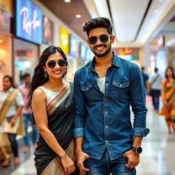 An Indian couple in a bustling Chennai mall, with the man appearing fit and wearing a stylish denim shirt paired with jeans, complemented by Ray-Ban sunglasses