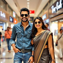 An Indian couple in a bustling Chennai mall, with the man appearing fit and wearing a stylish denim shirt paired with jeans, complemented by Ray-Ban sunglasses