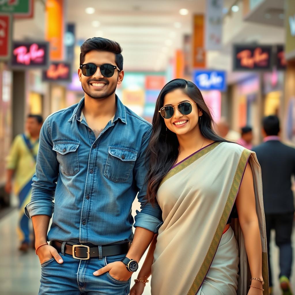 An Indian couple in a bustling Chennai mall, with the man appearing fit and wearing a stylish denim shirt paired with jeans, complemented by Ray-Ban sunglasses