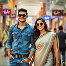 An Indian couple in a bustling Chennai mall, with the man appearing fit and wearing a stylish denim shirt paired with jeans, complemented by Ray-Ban sunglasses