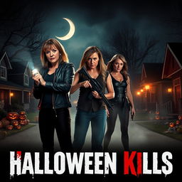 A chilling Halloween Kills poster featuring the three main characters: Karen, Laurie, and Allyson