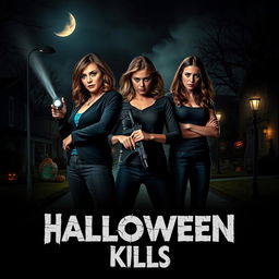 A chilling Halloween Kills poster featuring the three main characters: Karen, Laurie, and Allyson