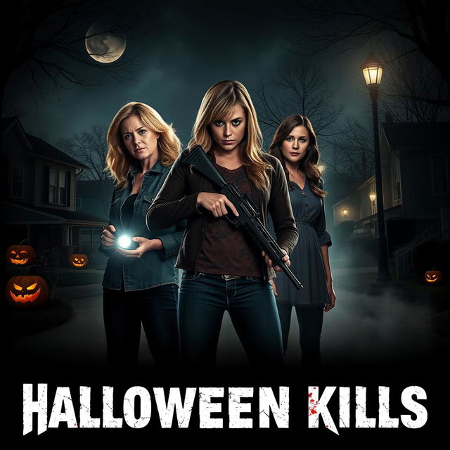 A chilling Halloween Kills poster featuring the three main characters: Karen, Laurie, and Allyson