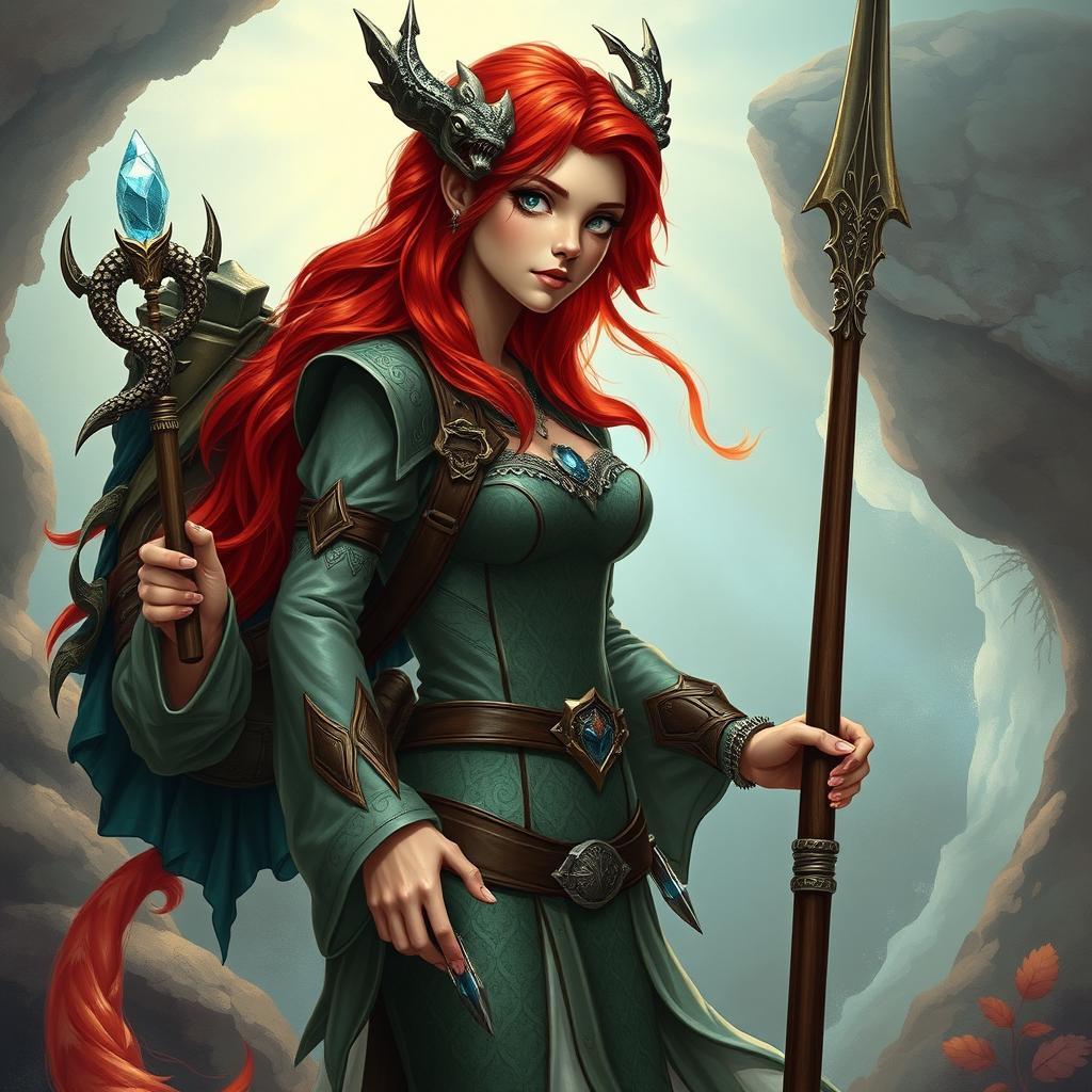 A Dungeons & Dragons mermaid draconic sorcerer in her human form, featuring vibrant red hair cascading down her shoulders and striking silver eyes that radiate magical energy