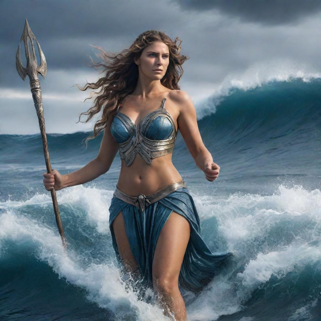 A powerful female depiction of Poseidon, Greek God of sea, with a trident, sea-blue eyes, exploring waves against a dramatic oceanic backdrop.