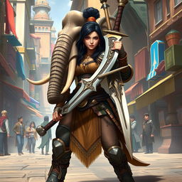 A powerful female Loxodon stands confidently in the bustling streets of a fantasy city, showcasing her impressive elephantine features with a long trunk and sturdy tusks