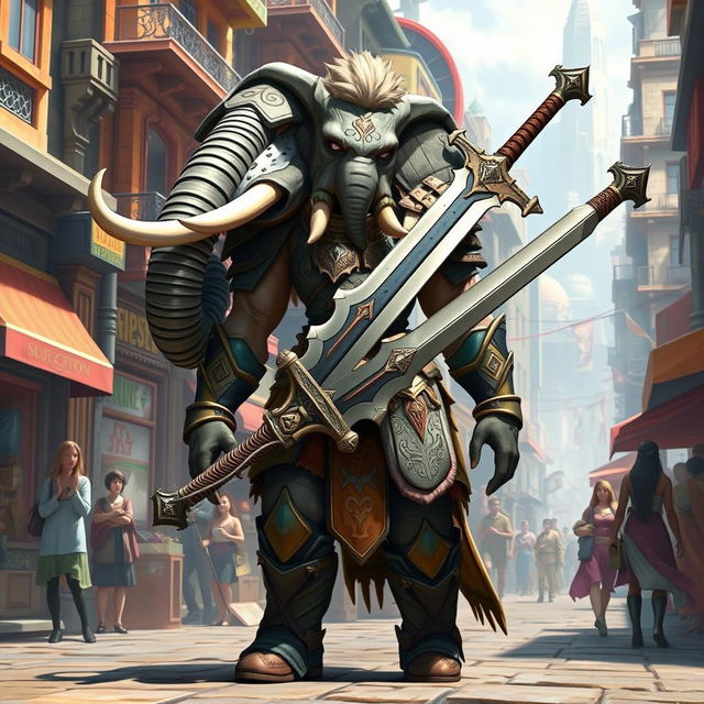 A powerful female Loxodon stands confidently in the bustling streets of a fantasy city, showcasing her impressive elephantine features with a long trunk and sturdy tusks