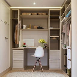 A well-organized 13x10 room design featuring a bed, a study table, a dressing unit, and clever placement of wardrobes and lofts.