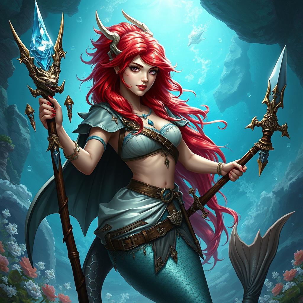 A fantastical Dungeons & Dragons mermaid draconic sorcerer character, featuring striking red hair and captivating silver eyes