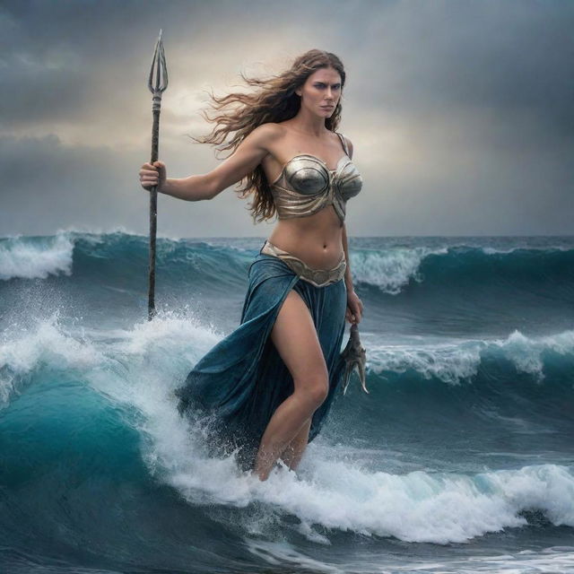 A powerful female depiction of Poseidon, Greek God of sea, with a trident, sea-blue eyes, exploring waves against a dramatic oceanic backdrop.