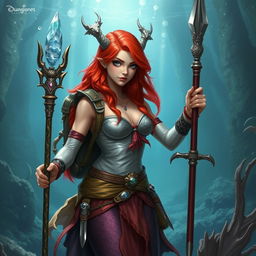 A fantastical Dungeons & Dragons mermaid draconic sorcerer character, featuring striking red hair and captivating silver eyes