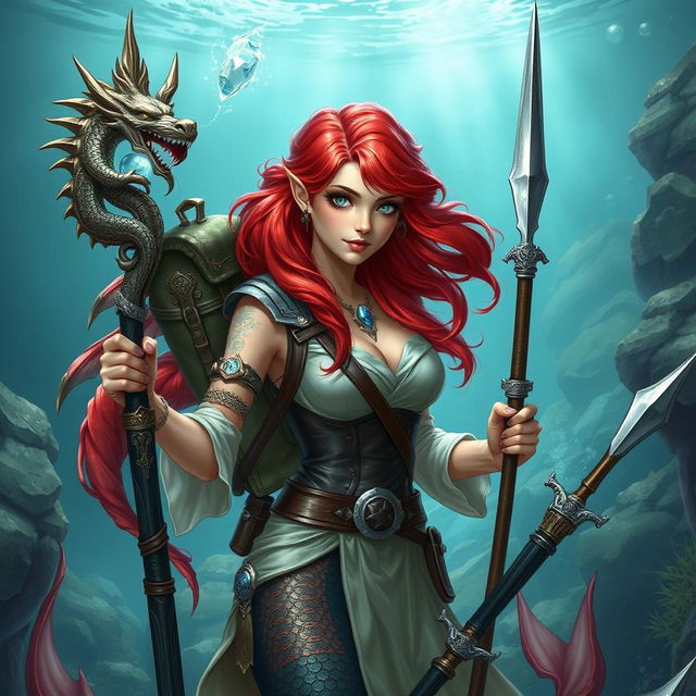 A fantastical Dungeons & Dragons mermaid draconic sorcerer character, featuring striking red hair and captivating silver eyes