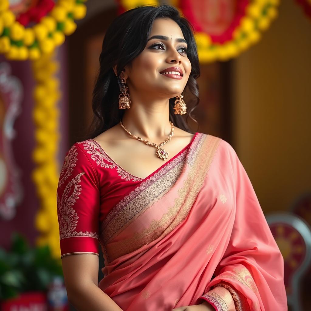 An elegant Indian actress wearing a beautifully designed saree that gracefully highlights her curves, showcasing a tasteful amount of cleavage and navel