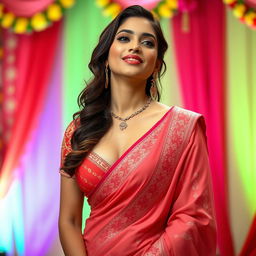 An elegant Indian actress wearing a beautifully designed saree that gracefully highlights her curves, showcasing a tasteful amount of cleavage and navel