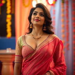 An elegant Indian actress wearing a beautifully designed saree that gracefully highlights her curves, showcasing a tasteful amount of cleavage and navel