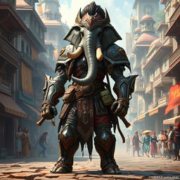 A strong female Loxodon fighter stands in the heart of a vibrant fantasy city, showcasing her impressive elephantine features, including a long trunk and sturdy tusks