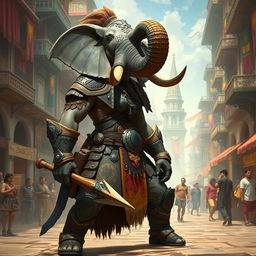 A strong female Loxodon fighter stands in the heart of a vibrant fantasy city, showcasing her impressive elephantine features, including a long trunk and sturdy tusks