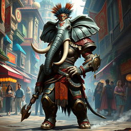 A strong female Loxodon fighter stands in the heart of a vibrant fantasy city, showcasing her impressive elephantine features, including a long trunk and sturdy tusks