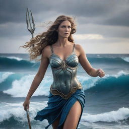 A powerful female depiction of Poseidon, Greek God of sea, with a trident, sea-blue eyes, exploring waves against a dramatic oceanic backdrop.