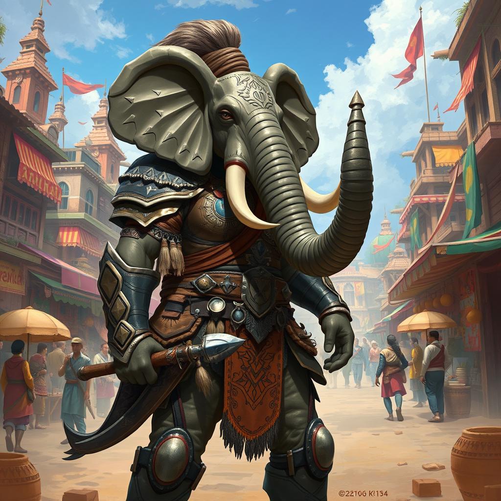 A strong female Loxodon fighter stands in the heart of a vibrant fantasy city, showcasing her impressive elephantine features, including a long trunk and sturdy tusks