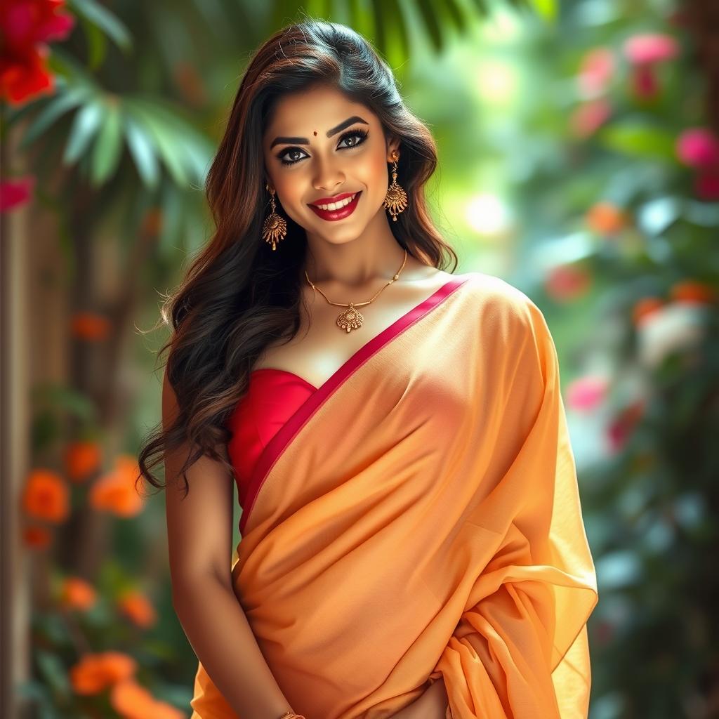 A stunning Indian actress wearing a beautifully draped saree that accentuates her curves, with a stylish blouse that showcases her midriff and navel, giving her an alluring and seductive look