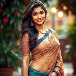 A stunning Indian actress wearing a beautifully draped saree that accentuates her curves, with a stylish blouse that showcases her midriff and navel, giving her an alluring and seductive look