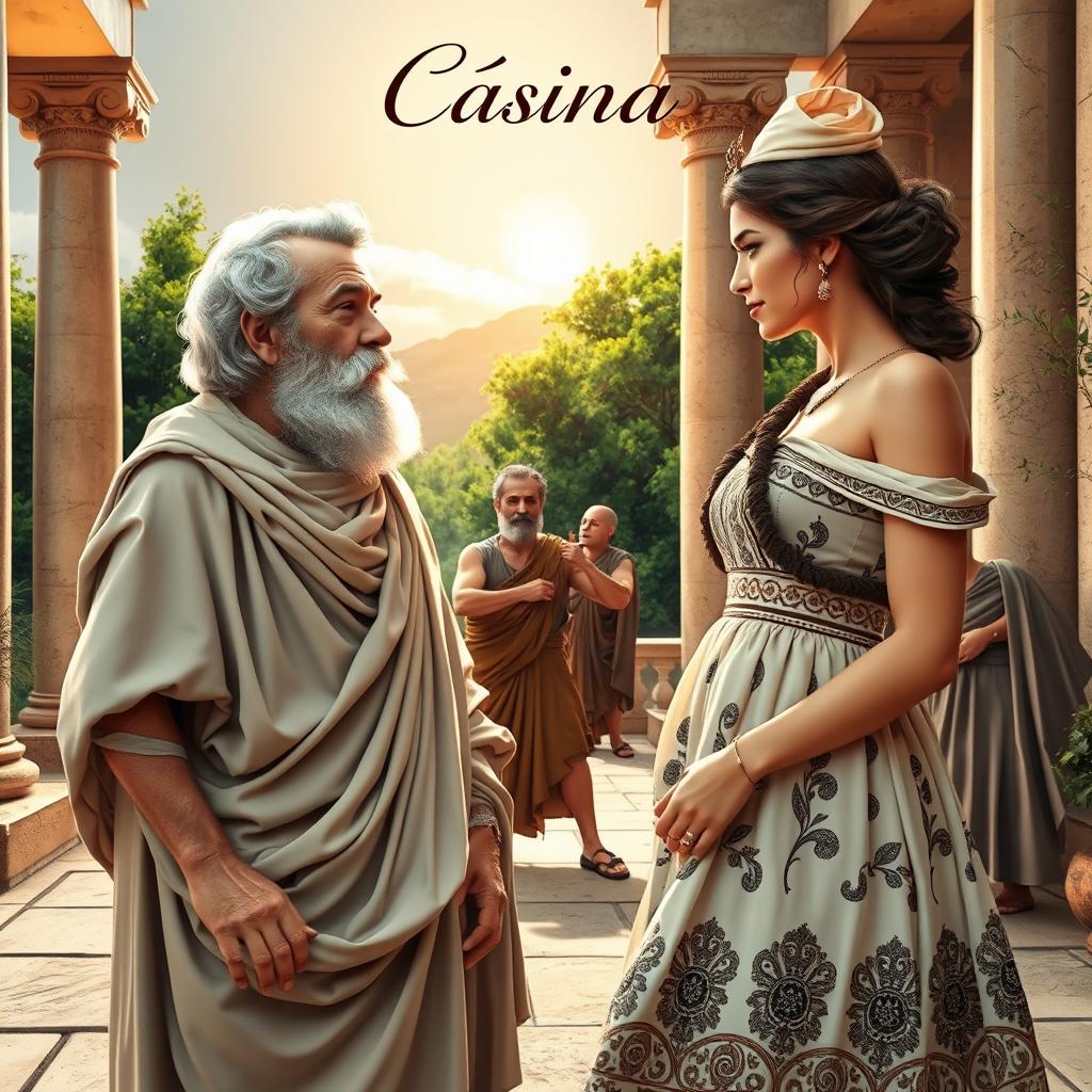 A scene from a Greek comedy depicting an elderly Greek man smitten with a beautiful young Greek woman in an ancient setting