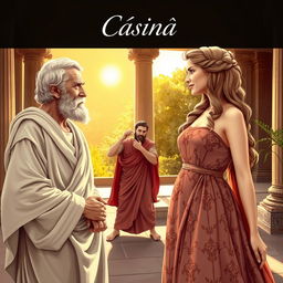 A scene from a Greek comedy depicting an elderly Greek man smitten with a beautiful young Greek woman in an ancient setting