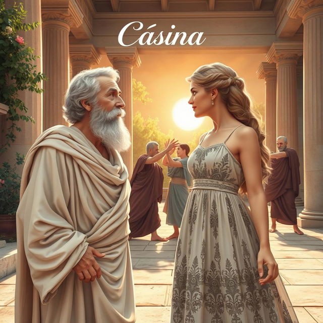 A scene from a Greek comedy depicting an elderly Greek man smitten with a beautiful young Greek woman in an ancient setting