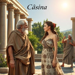 A scene from a Greek comedy depicting an elderly Greek man smitten with a beautiful young Greek woman in an ancient setting