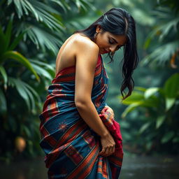 An Indian woman wearing a beautiful, colorful saree, standing in a wet environment, droplets glistening on her skin